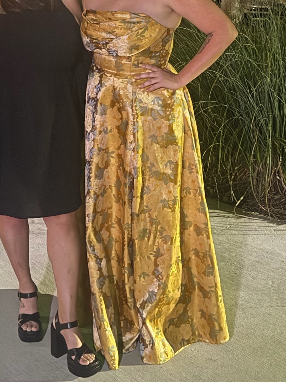Azazie Strapless Gold Floral Ball Gown